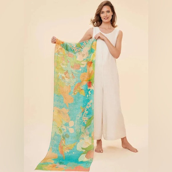 Powder UK Hummingbird Luxury Linen Scarf in aqua / +/-71” x 21”- NWT